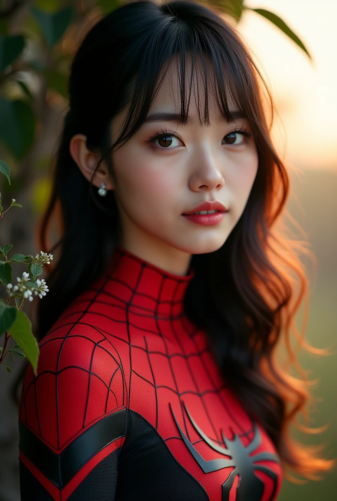 1 Girl, Very bright backlight, Solo, {beautiful-detailed eyes}, large full breasts, default black background, calm expression, Natural light and soft light, Hair fluttering in the breeze, delicate facial features, Blunt bangs, beautiful Korean girl, Eye Smile, Very small earrings,(Wearing Spider-Man's suit. It has a red and black scheme of spider design, A glimpse of the valley :1.3) ,2, film grain, Real hands,shy smile,sexy poses, ultra detail, detail, more detail