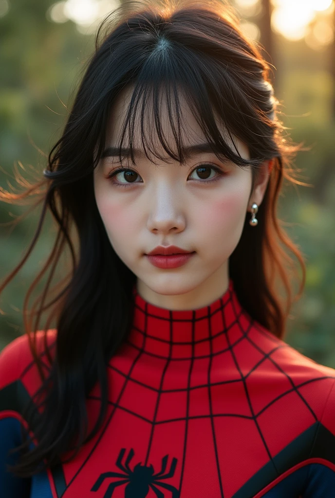 1 Girl, Very bright backlight, Solo, {beautiful-detailed eyes}, large full breasts, default black background, calm expression, Natural light and soft light, Hair fluttering in the breeze, delicate facial features, Blunt bangs, beautiful Korean girl, Eye Smile, Very small earrings,(Wearing Spider-Man's suit. It has a red and black scheme of spider design, A glimpse of the valley :1.3) ,2, film grain, Real hands,shy smile,sexy poses, ultra detail, detail, more detail