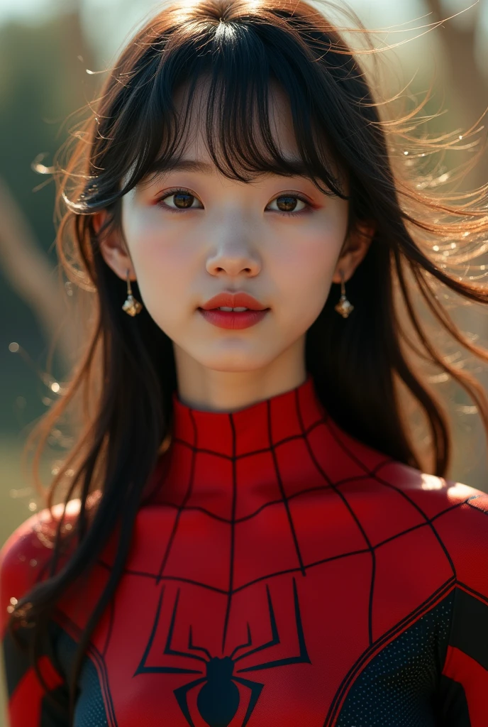1 Girl, Very bright backlight, Solo, {beautiful-detailed eyes}, large full breasts, default black background, calm expression, Natural light and soft light, Hair fluttering in the breeze, delicate facial features, Blunt bangs, beautiful Korean girl, Eye Smile, Very small earrings,(Wearing Spider-Man's suit. It has a red and black scheme of spider design, A glimpse of the valley :1.3) ,2, film grain, Real hands,shy smile,sexy poses, ultra detail, detail, more detail