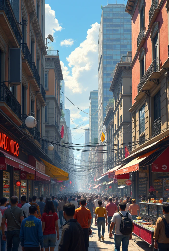 ((realisitic: 1.5)),((best qualityer)), ((Masterpiece artwork)),((detailded)), great shopping stores, buildings , chaos, electronic products and lots of people buying, narrow streets Vehicles, and on the horizon the figure of South America