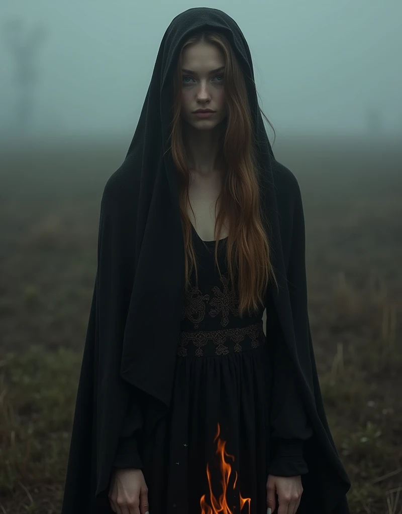 "memories are the water of life" (Misterious mood Soft Lighting Photography), stunning medium format analog photo, TWbabeXL01 beautiful (woman), A beautiful ((evil slavic woman)), pale skin, long light brown hair, over the shoulde wide view, black over black background, highly detailed, detailed realistic photography, masterpiece half-body photo, finely detailed skin, emotional, professional color grading, epiCPhoto, OverallDetailXL analog grain, Fujifilm Astia, low contrast, OverallDetailXL, dark fantasy, photo dress that has the patterns of burning fire, standing in a foggy field, liminal lighting, dslr, detailed quality, face covered by dark veil
