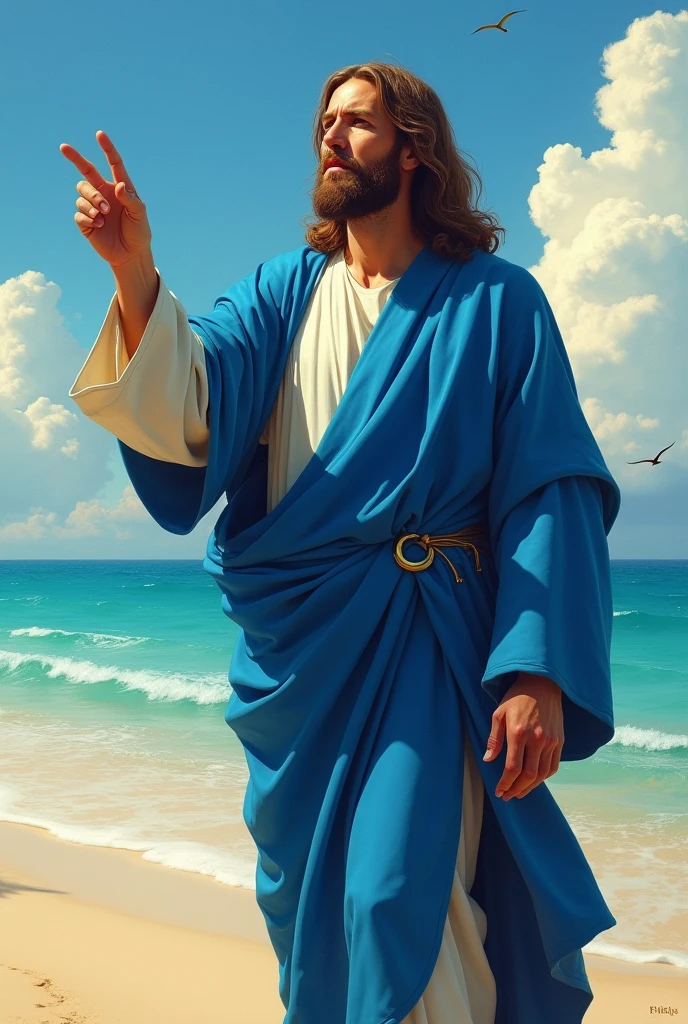 Wonderful Jesus Christ with a serious look and blue clothes pointing his finger forward, with a wonderful beach