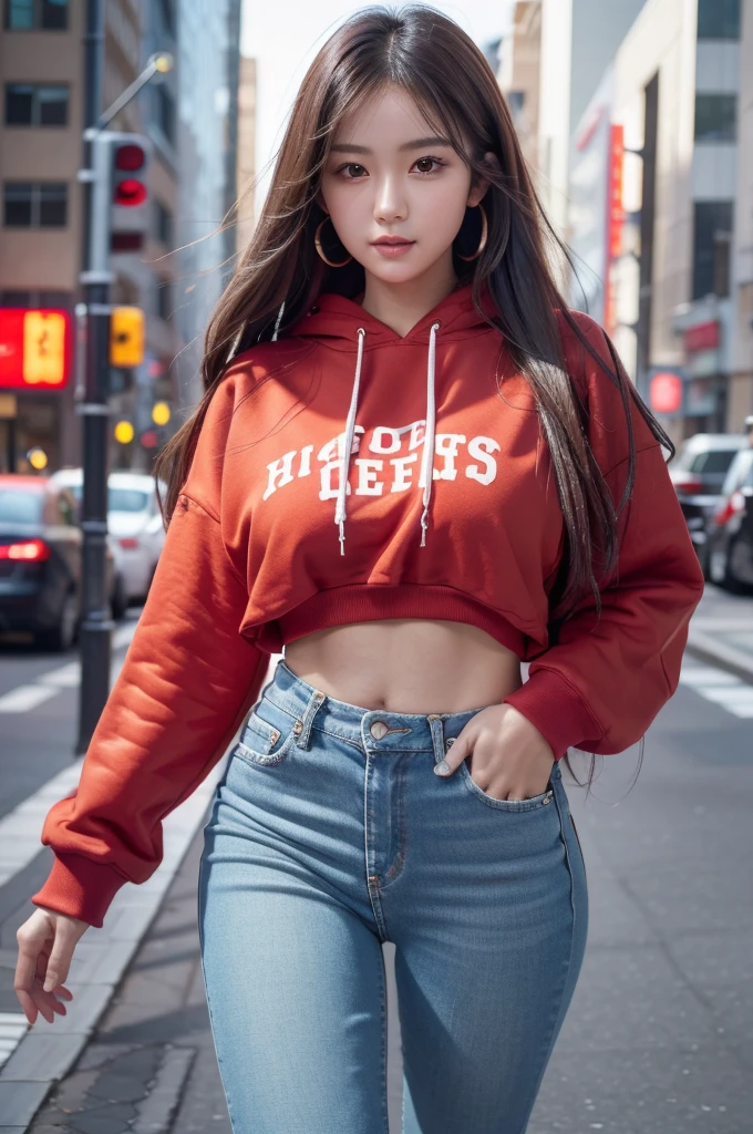 best quality, 8k, very delicate and beautiful, highly detailed face and skin texture, shiny skin, high resolution, beautiful japanese girl in red cropped hoodie and tight denim pants walking in city, sharp focus