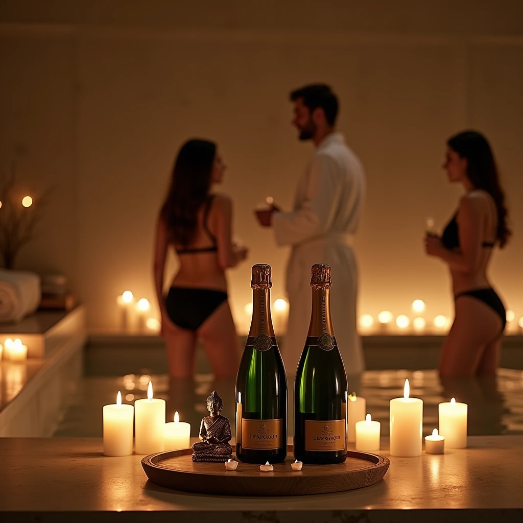 a luxurious spa with champagne bottles, many candles, small buddha figure, 2 women in black lingerie and a man in a white robe in the background blurred, wide open shot, detailed interior, masterpiece, photorealistic, high quality, dramatic lighting, warm colors, soft focus, elegant, serene, calming atmosphere
