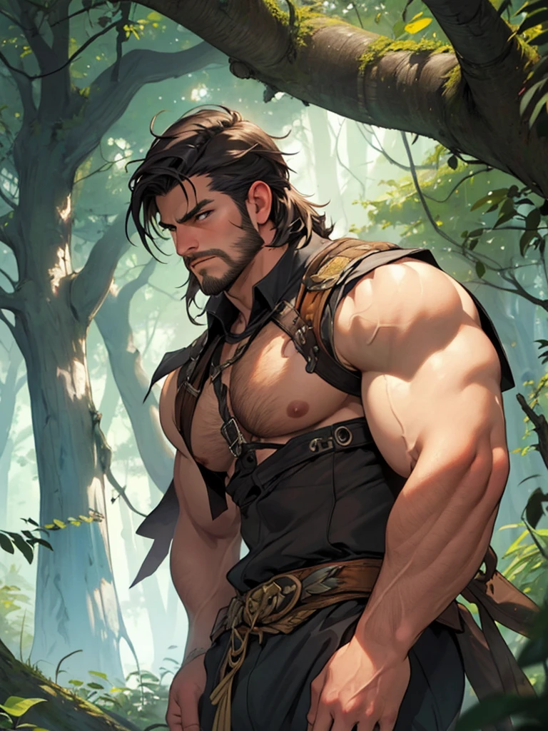(masterpiece: 1.2), (very detailed: 1.2), (perfectly detailed), (very detailed and beautiful: 1.1) solo, 1 boy, male only, muscular male, Mentaiko art style, dynamic pose, shaved temples, thick stubble, has thick stubble, body hair, action scene, detailed face, at full height, nature magic, Druid