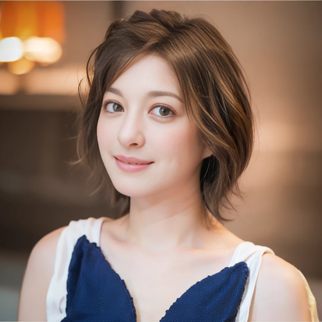 a Close-up portrait of gorgeous smiling cute Japanese woman in a glamorous blue dress outfit, delicate facial features, porcelain-skinned, ponytail, a fusion of young Marion Cotillard's striking eyes and young Anne Hathaway's introspective gaze, long and slender cute face, curved eyebrows, droopy hooded eyes, low nasal bridge, wavy nose, smiling, thin lips, short pixie cut hair, silhouette, bokeh, lobby bar lounge background,
