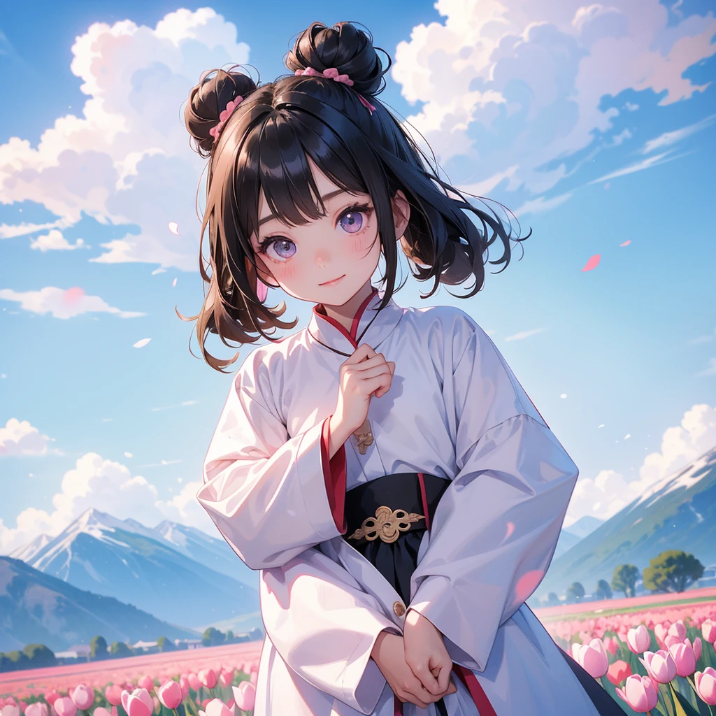 A chibi child girl had a small face and Wearing white little Taoist priest's outfit. A pair of big round eyes shone with curiosity about him. This child was so cute! ,her hair is black with two buns on her hair.small chibi, chibi baby, smiling,The little chibi baby looked up with his chest raised, and his face was old and proud.
Standing in the middle of pink tulip field, behind which are mountains, there are low clouds floating in the blue sky.