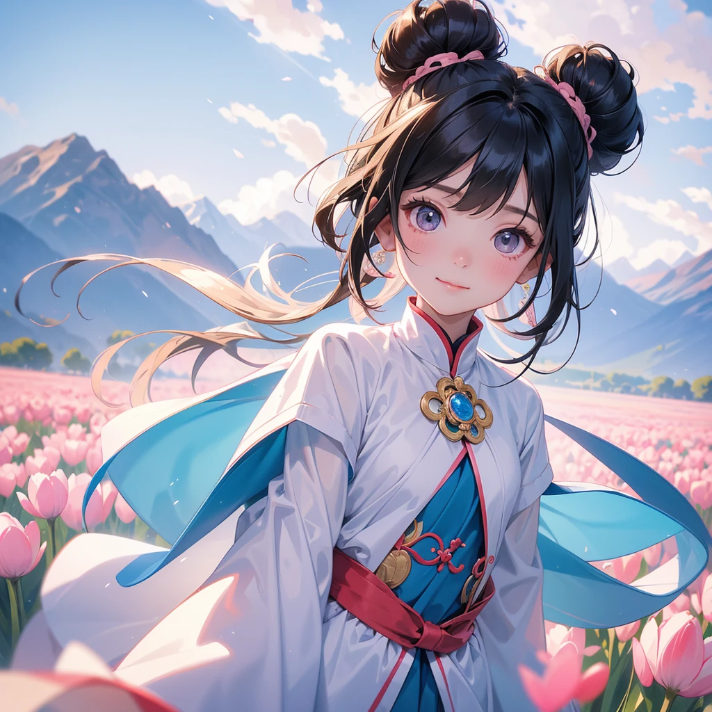 A chibi child girl had a small face and Wearing white little Taoist priest's outfit. A pair of big round eyes shone with curiosity about him. This child was so cute! ,her hair is black with two buns on her hair.small chibi, chibi baby, smiling,The little chibi baby looked up with his chest raised, and his face was old and proud.
Standing in the middle of pink tulip field, behind which are mountains, there are low clouds floating in the blue sky.