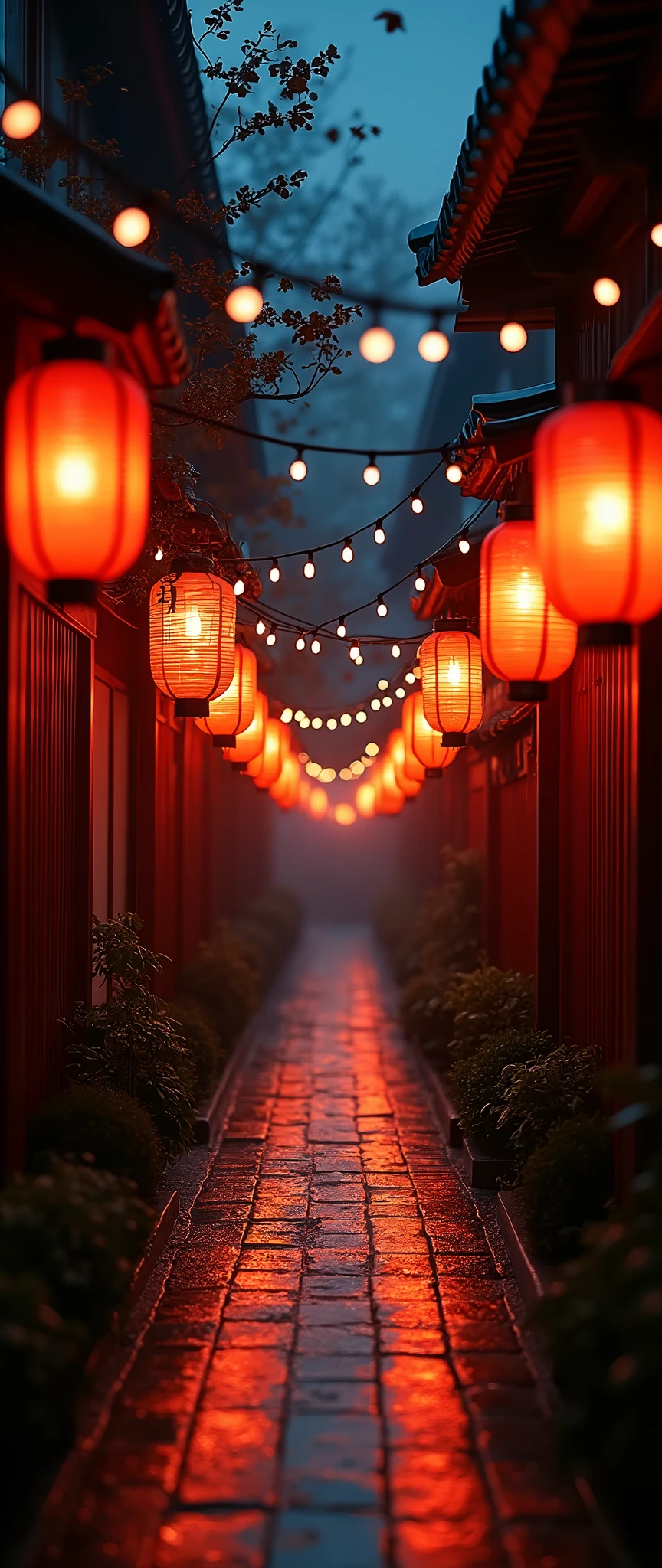 (masterpiece:1.2,Exceptional Quality,mirror-like,Cinematic Experience),8k,wallpaper,Japan,,A straight alley,Countless lanterns,(Diffuse reflection of light:2.0),night,The warm light of the lantern