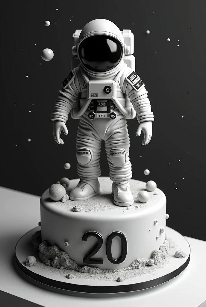 20th birthday cake with an astronaut theme, focusing on black and white.