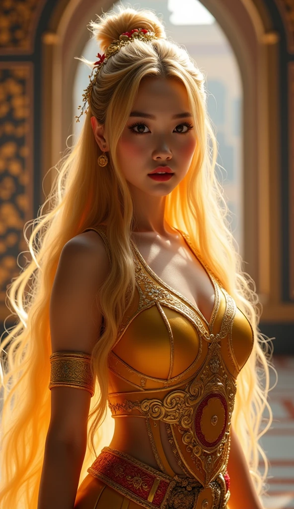 super realistic, super detailed, ultra high resolution. chinese girl. beautiful, cute, sexy. long hair. golden yellow hair.. super hero.. Javanese traditional clothes. Javanese kingdom