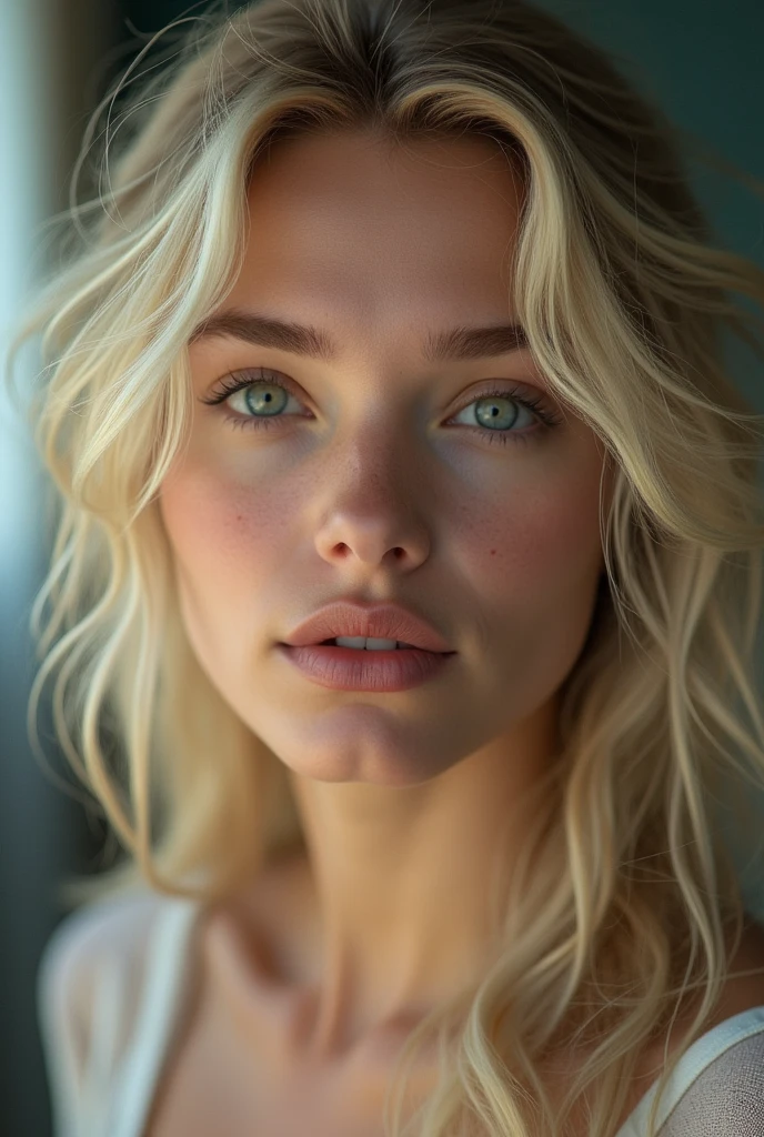 Photorealistic depiction of an incredibly beautiful woman with blonde, windy, messy hair, in the style of the Panasonic Lumix S Pro 50 mm f/1.4, light beige and dark azure, Mashups with celebrity images, Soft realism, barbiecore, Unreal Engine 5, 32k uhd, Light quality, Swiss realism, Privat 5