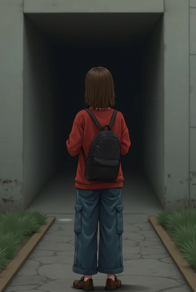 Girl with her back turned and shoulder-length brown straight hair,wide cargo jeans and a red baggy sweatshirt,with a basic black backpack ,and in the background a dark square
