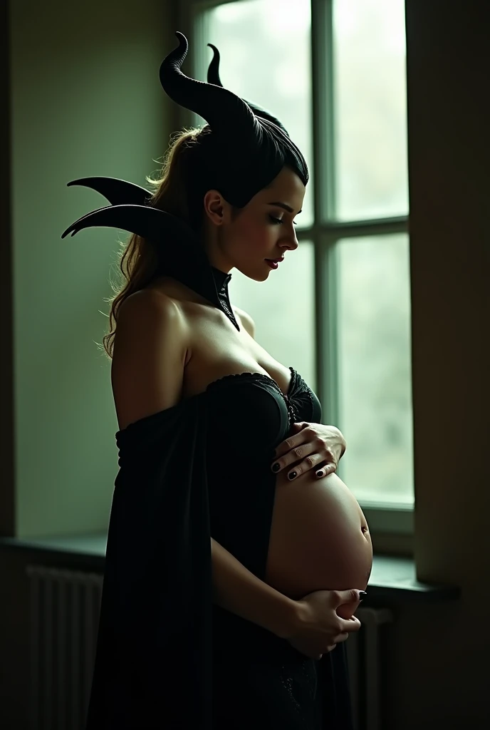 A stunning portrait of Maleficent, She is pregnant, holding her belly, young and beautiful, hyper realistic, real portrait, backlit, exquisite features, cleavage, sexy, seductive, window, natural light, soft light