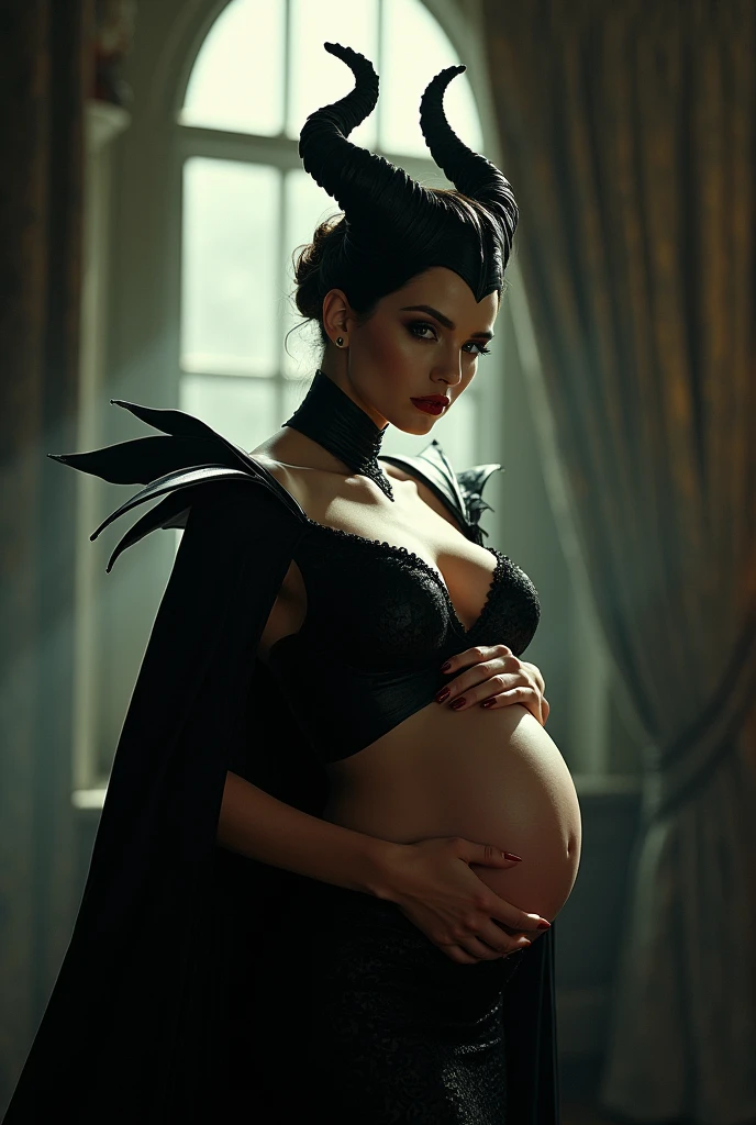 A stunning portrait of Maleficent, She is pregnant, holding her belly, young and beautiful, hyper realistic, real portrait, backlit, exquisite features, cleavage, sexy, seductive, window, natural light, soft light