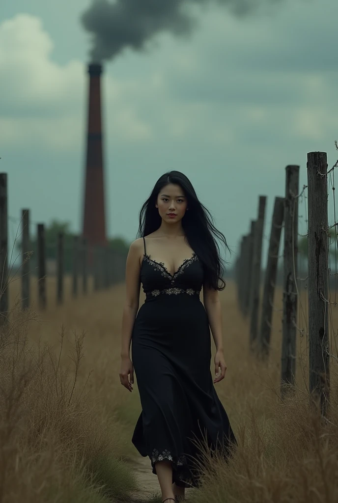 cinematic (photorealism:1.2), real pic
real pic 34 year old curvy Asian woman with long black hair, wearing a black dress with floral motifs, black shoes, walking against the backdrop of the savanna, tall dry weeds, a stretched wooden fence, a rusty chimney, dark clouds