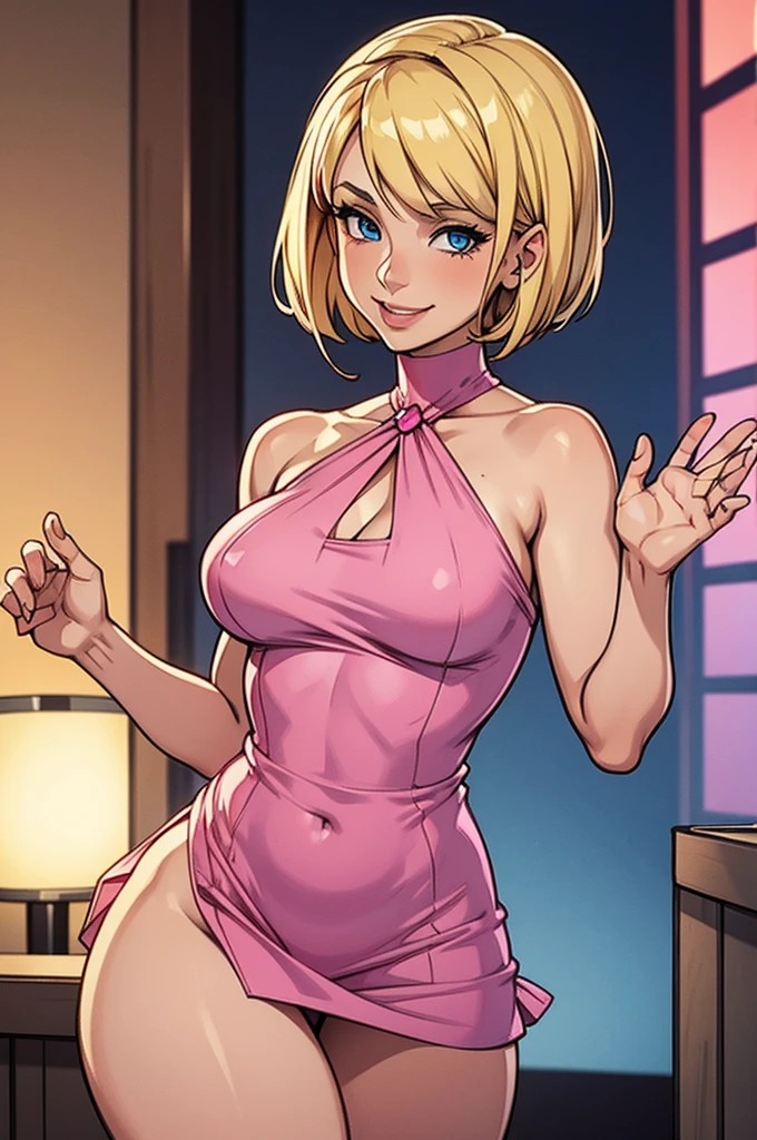 Blonde girl with short hair, blue eyes, smiling in party pose, wearing a short and tight pink mini dress, Neckline dress , and showing her thighs, wearing A pink And big fur stole draped over the shoulders