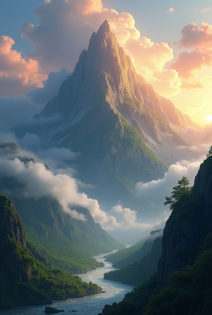 A mountain with cloud around it and mountain looks like greeny and that image will see like nature look with river sun sets etc..