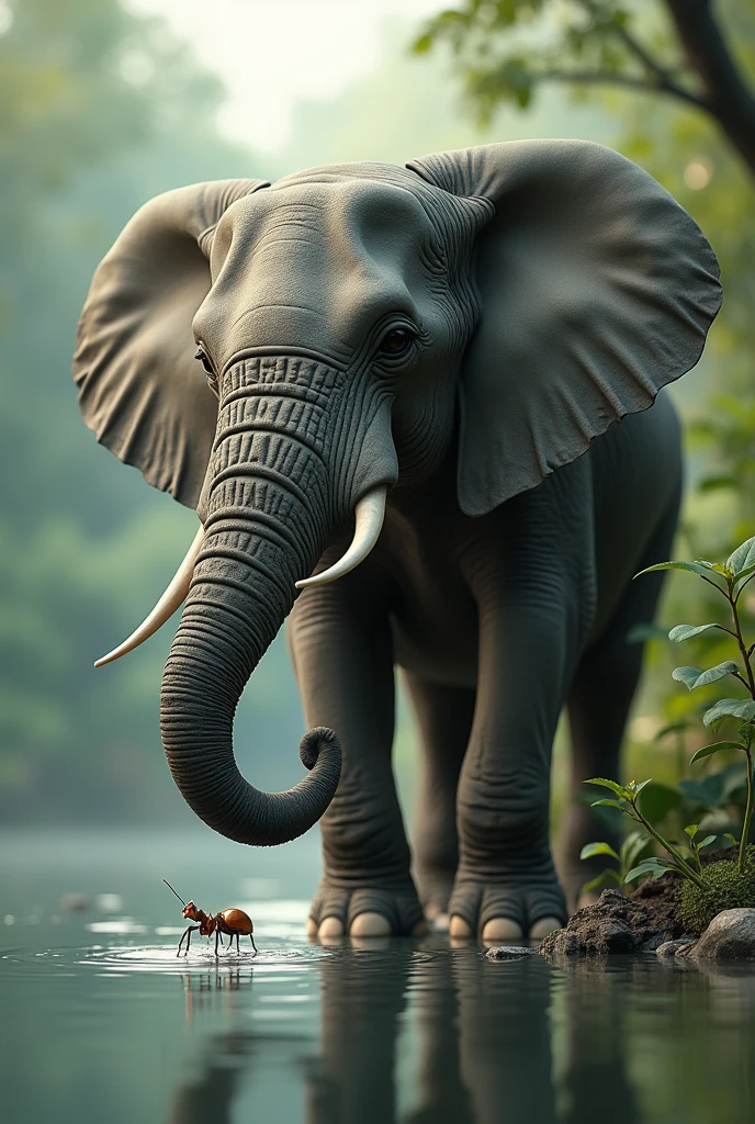 The elephant uses its long trunk to lift the ant out of the water. Show ant climbing up on elephant trunk