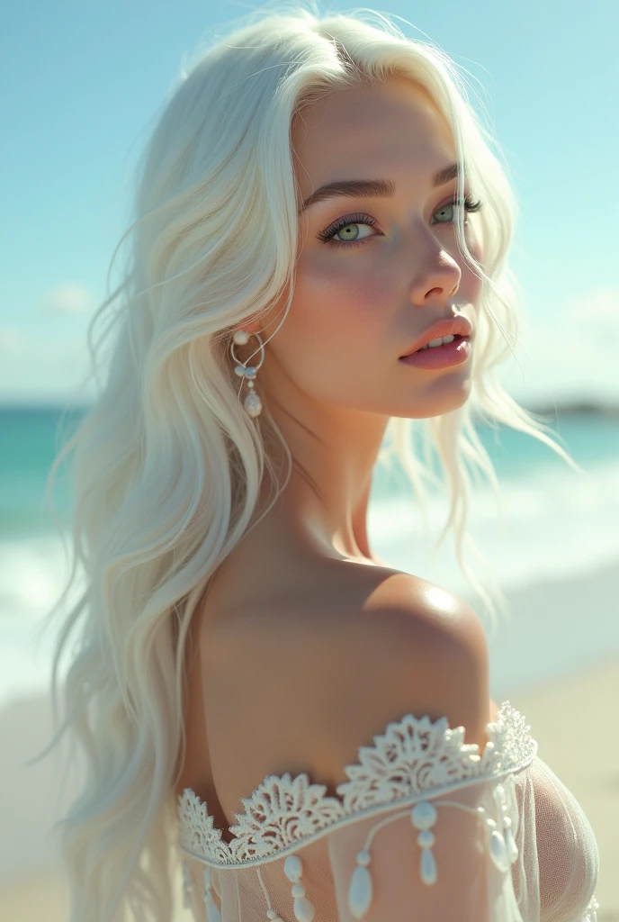 25 year old woman with white hair, White skin, green eyes, Full frame, on the beach, erotic, transparent robe of the goddess, beautiful detailed eyes, beautiful detailed lips, extremely detailed eyes and face, long eyelashes, high quality, 8 thousand., hyperrealistic, photorealistic, physically based rendering, bright colors, studio lighting, complex parts
