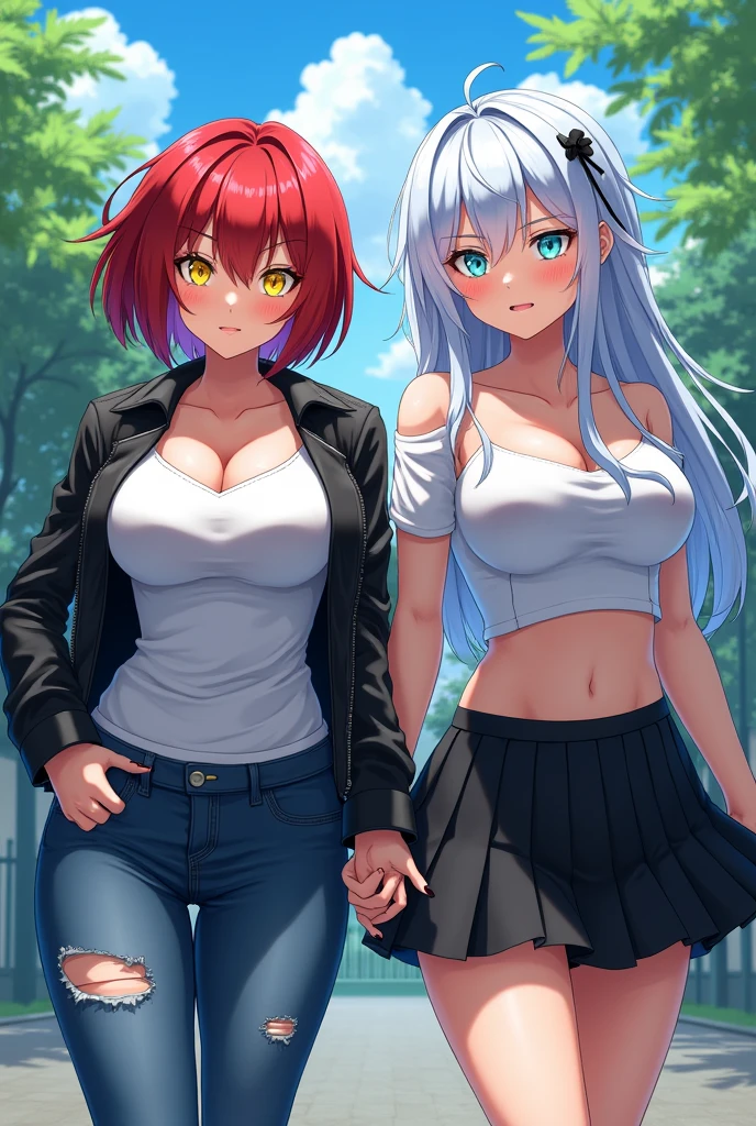2 girls, busty, schoolyard, BREAK (masterpiece:1.2), best quality, high resolution, unity 8k wallpaper, (illustration:0.8), (beautiful detailed eyes:1.0), extremely detailed face, perfect lighting, extremely detailed CG, (perfect hands, perfect anatomy), (1 girl, busty, with short red hair and yellow streaks, yellow eyes, black leather jacket, white t-shirt, cleavage, torn jeans, mischievous smile), (1 girl, busty, with long straight white hair with blue streaks, light blue eyes, white blouse, black pleated skirt, cold face), sharp and sexy anime style