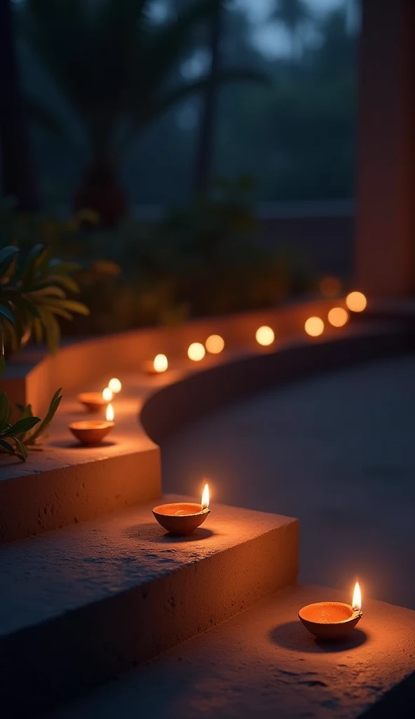 A group of Diya lamps placed on steps, softly lighting the surrounding area in the evening, with a dark background that emphasizes the glow of the flames