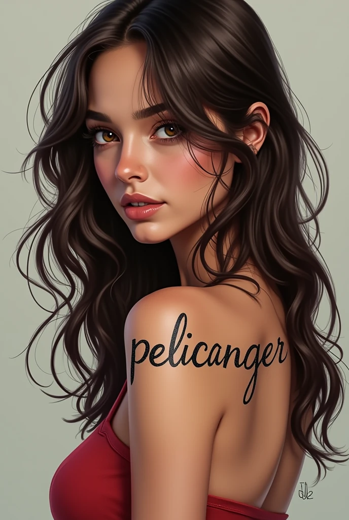 Put a tattoo that says pelicanger on a brunette girl&#39;s shoulder