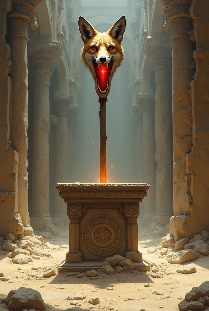A ruined church in the middle of the desert, In the center of it an altar with a wooden staff, rune carving, At its tip a fox head opening its jaws and in its mouth floating a red gem, and his cheekbone is made of gold