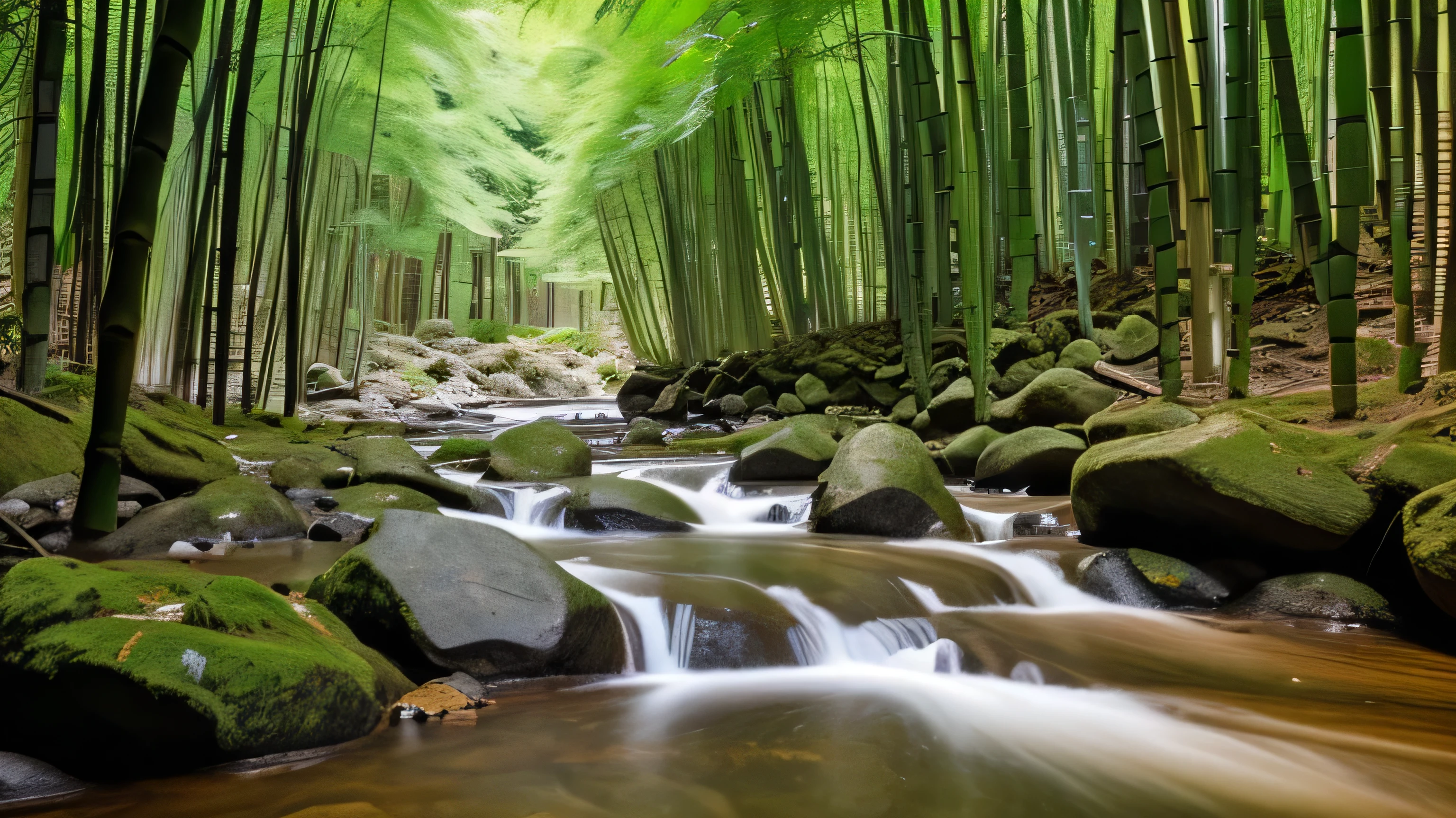A small stream flows through a rock crevice in the bamboo forest.