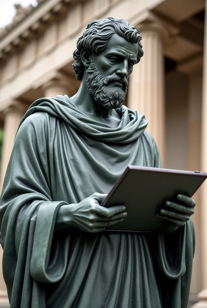 STATUE OF ARISTOTLE THE INTELLIGENT PHILOSOPHER HOLDING A COMPUTER WITH