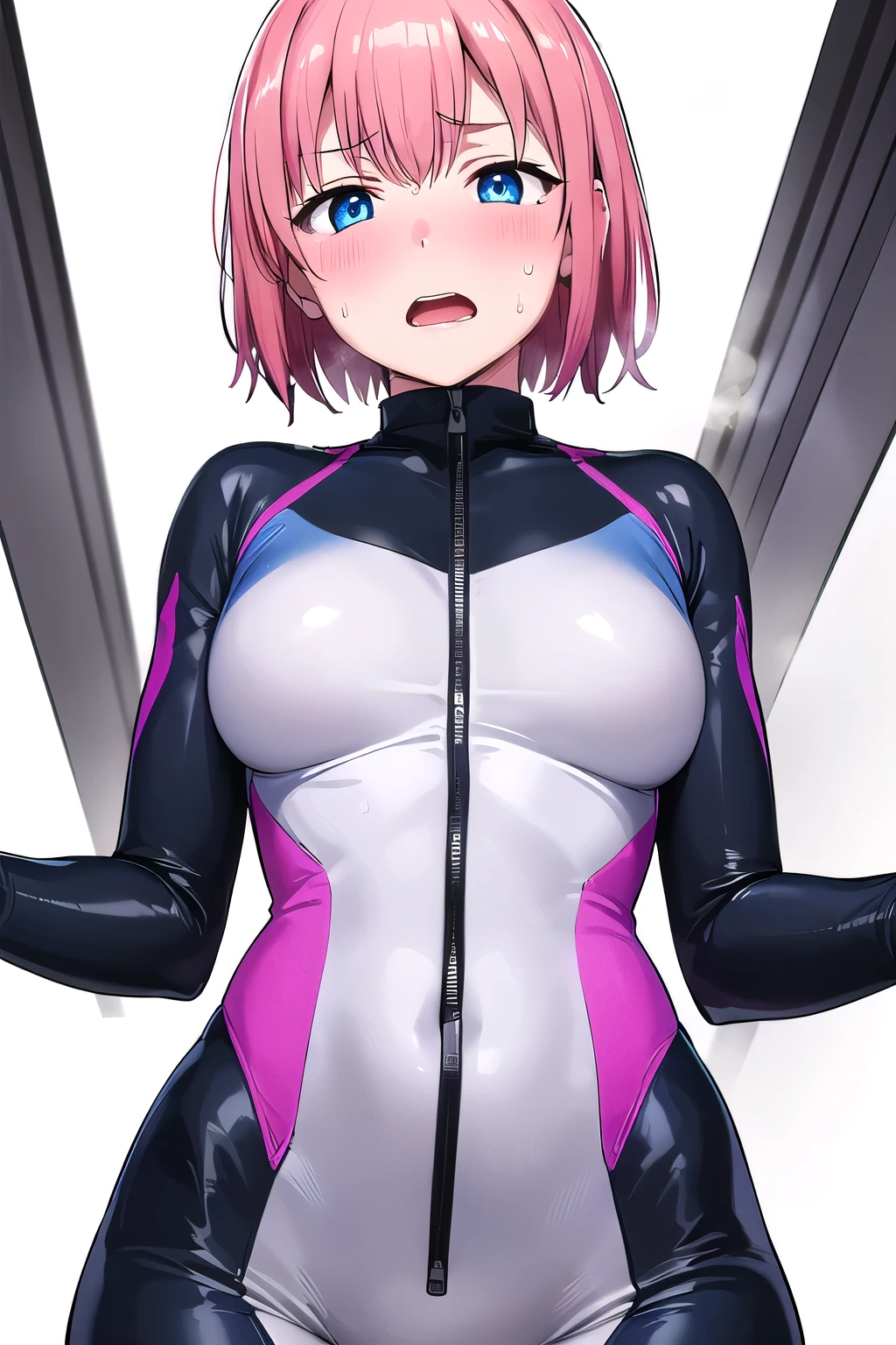 girl,boyish, very short hair, pink Hair, medium Breasts,Black glossy tight suit,Cowboy Shot,blush,sexy face,blue eyes,Tight fit,clearly,Striped pattern, (white background:1.3), (open mouth:1.2), (condescending:1.2), (from below:1.3), Hands sideways, (sweat:1.2), (shy face:1.2), cowgirl position,.(steam:1.2)