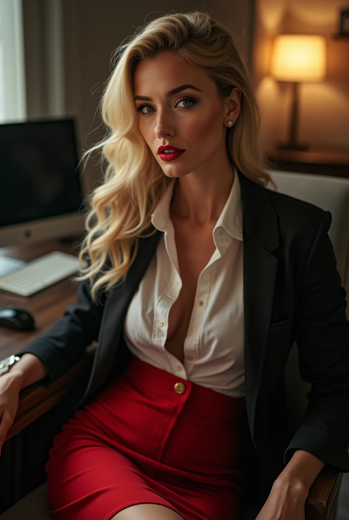 (masutepiece, Best Quality), ultra-detailliert, Photorealsitic, a gorgeous blonde woman (Candice Swanepoel), Female Secretary, For office uniforms, Red pencil skirt, Stockings, garterbelts, stiletto heels, open-shirt, Glamour, seducting smile, Fancy makeup, red-lips, voluminetric lighting, Sensational poses, suggestive pose, sitting in the chair, itting open legs, backlit, perfect make-up, cinematic, realistic, tight hairstyle, high contrast, visually rich, strong eyeliner, elegant, graceful, natural beauty, charismatic, versatile, photogenic, very detailed