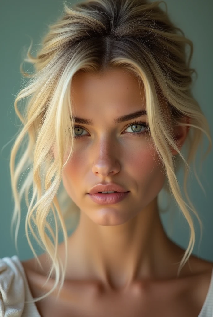 Photorealistic depiction of an incredibly beautiful woman with blonde, windy, messy hair, in the style of the Panasonic Lumix S Pro 50 mm f/1.4, light beige and dark azure, Mashups with celebrity images, Soft realism, barbiecore, Unreal Engine 5, 32k uhd, Light quality, Swiss realism, Privat 5