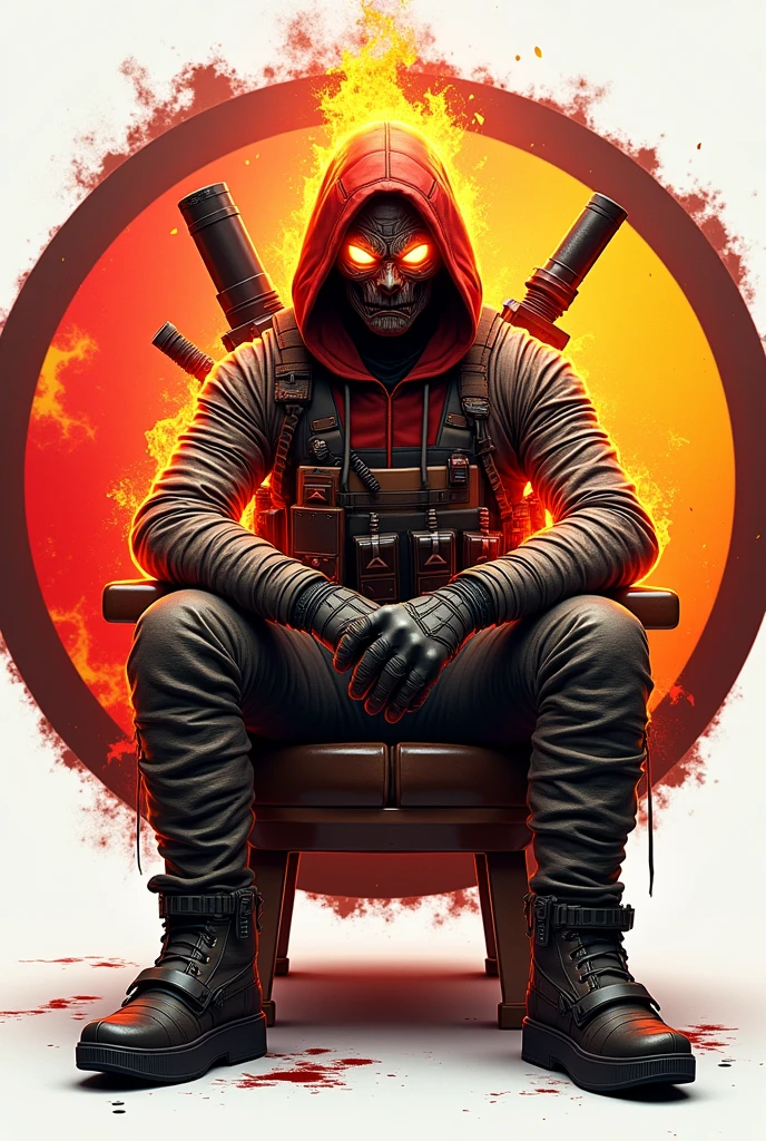 I need a round avatar in the style of pubg for the nickname Tm×Joker¹ in red and yellow colors in the style of pubg and the character should be dressed in a fire mummy sitting on a chair