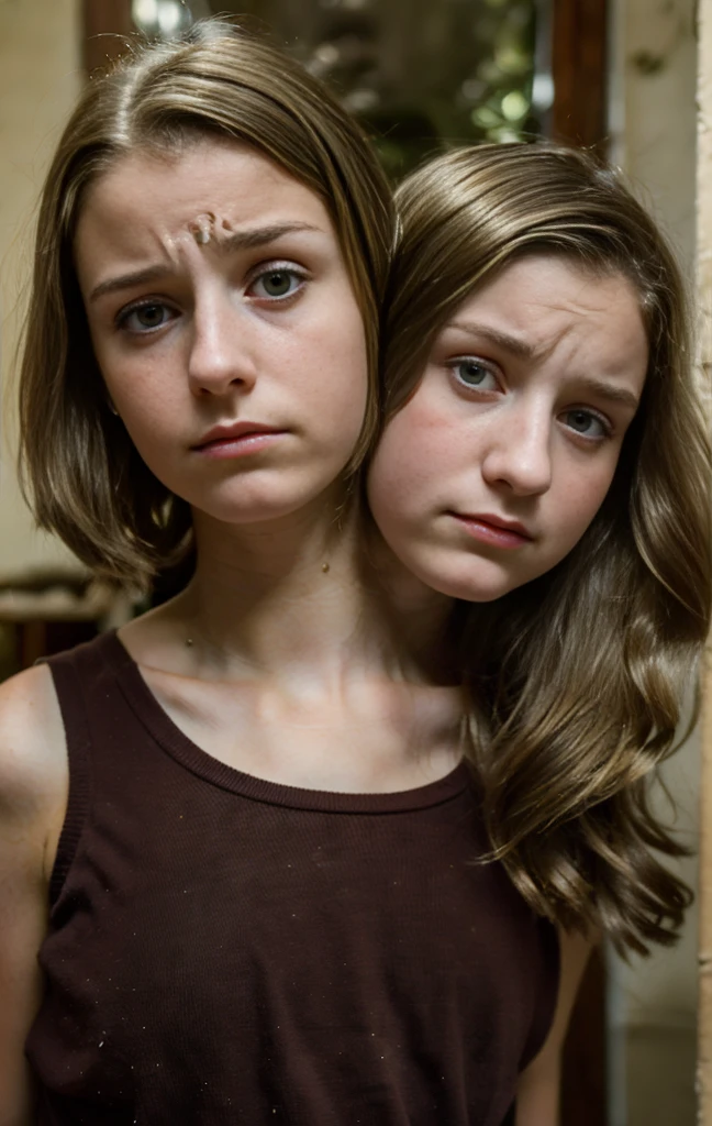 2heads, (two headed girl:1.5), (a girl and a 14 year old (a brunette and a blonde:1.3), (uncomfortable and upset:1.3)