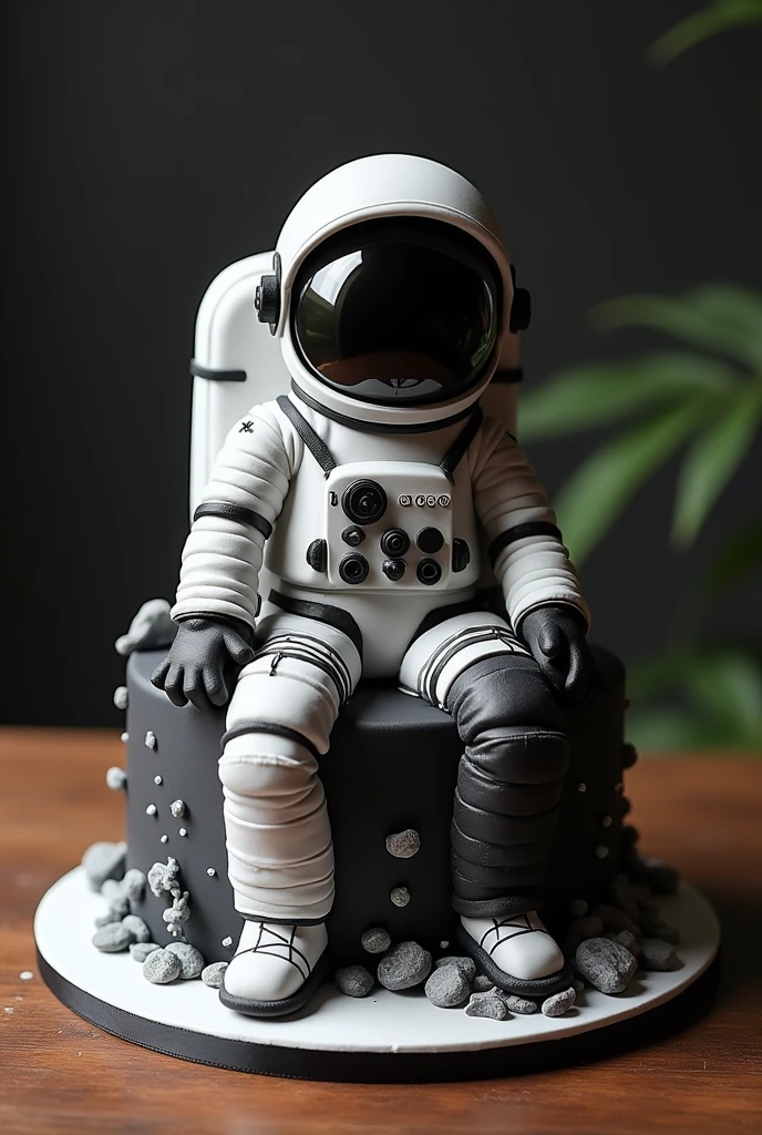 20th birthday cake. The cake is about an astronaut. The theme is black and white. The cake is placed on a brown wooden table.