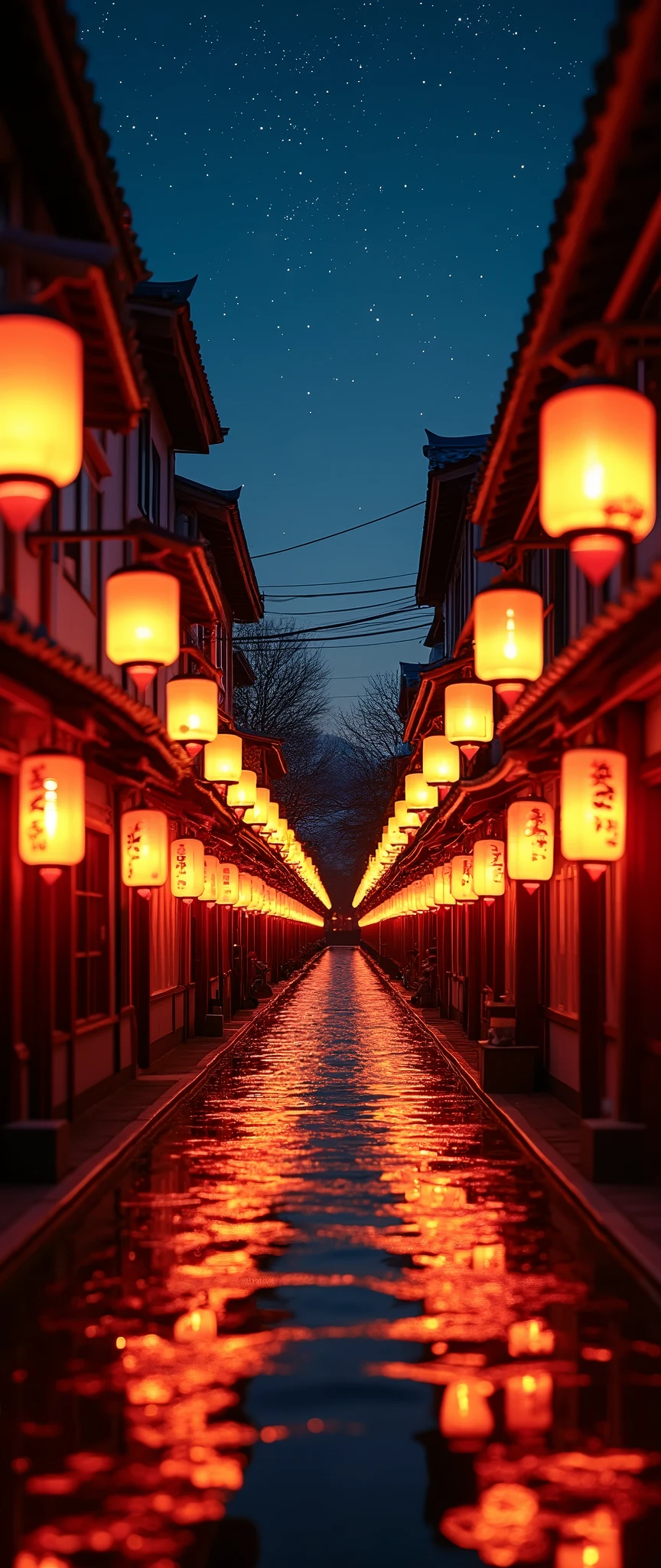 (masterpiece:1.2,Exceptional Quality,mirror-like,Cinematic Experience),8k,wallpaper,Japan,,A straight alley,Countless lanterns,(Diffuse reflection of light:2.0),night,Starry Sky,The warm light of the lantern