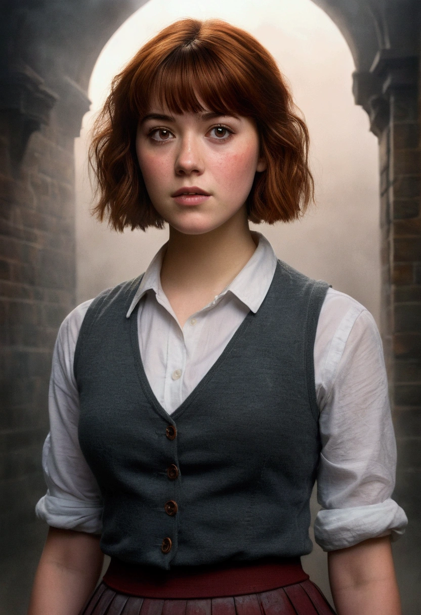 An illustrated movie poster, hand-drawn, full color, a teenage Hogwarts student, 18-years-old, female, wearing a charcoal vest and a pleated skirt, athletic hourglass figure, busty bosoms, full wide hips, massive round butt, long shapely legs, ridiculously thick powerful thighs, vibrant eyes, red auburn hair, thick shaggy bangs, flushed sun-kissed complexion, freckles, resembles Mary Elizabeth Winstead, standing in a foggy Hogwarts courtyard, surrounded by mist, graphite shading, stencil marks, airbrushed acrylic paint, masterpiece, close-up shot, in the style of the Deathly Hallows