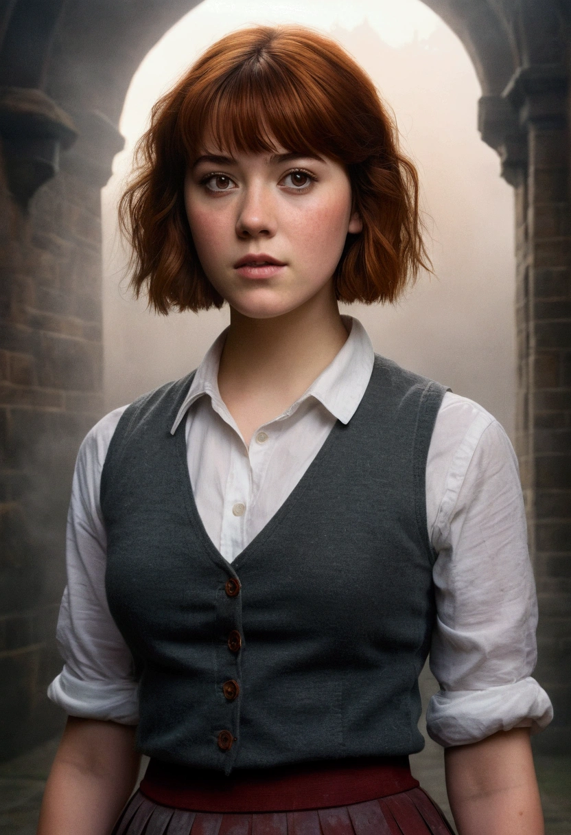 An illustrated movie poster, hand-drawn, full color, a teenage Hogwarts student, 18-years-old, female, wearing a charcoal vest and a pleated skirt, athletic hourglass figure, busty bosoms, full wide hips, massive round butt, long shapely legs, ridiculously thick powerful thighs, vibrant eyes, red auburn hair, thick shaggy bangs, flushed sun-kissed complexion, freckles, resembles Mary Elizabeth Winstead, standing in a foggy Hogwarts courtyard, surrounded by mist, graphite shading, stencil marks, airbrushed acrylic paint, masterpiece, close-up shot, in the style of the Deathly Hallows
