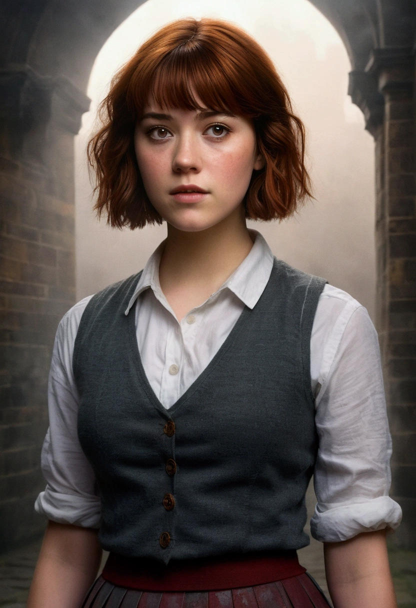 An illustrated movie poster, hand-drawn, full color, a teenage Hogwarts student, 18-years-old, female, wearing a charcoal vest and a pleated skirt, athletic hourglass figure, busty bosoms, full wide hips, massive round butt, long shapely legs, ridiculously thick powerful thighs, vibrant eyes, red auburn hair, thick shaggy bangs, flushed sun-kissed complexion, freckles, resembles Mary Elizabeth Winstead, standing in a foggy Hogwarts courtyard, surrounded by mist, graphite shading, stencil marks, airbrushed acrylic paint, masterpiece, close-up shot, in the style of the Deathly Hallows