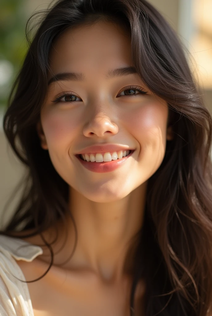 close-up, young woman in her 20s, long black hair, cute, beautiful, smiling, soft lighting, gentle breeze, warm atmosphere, sense of joy and charm