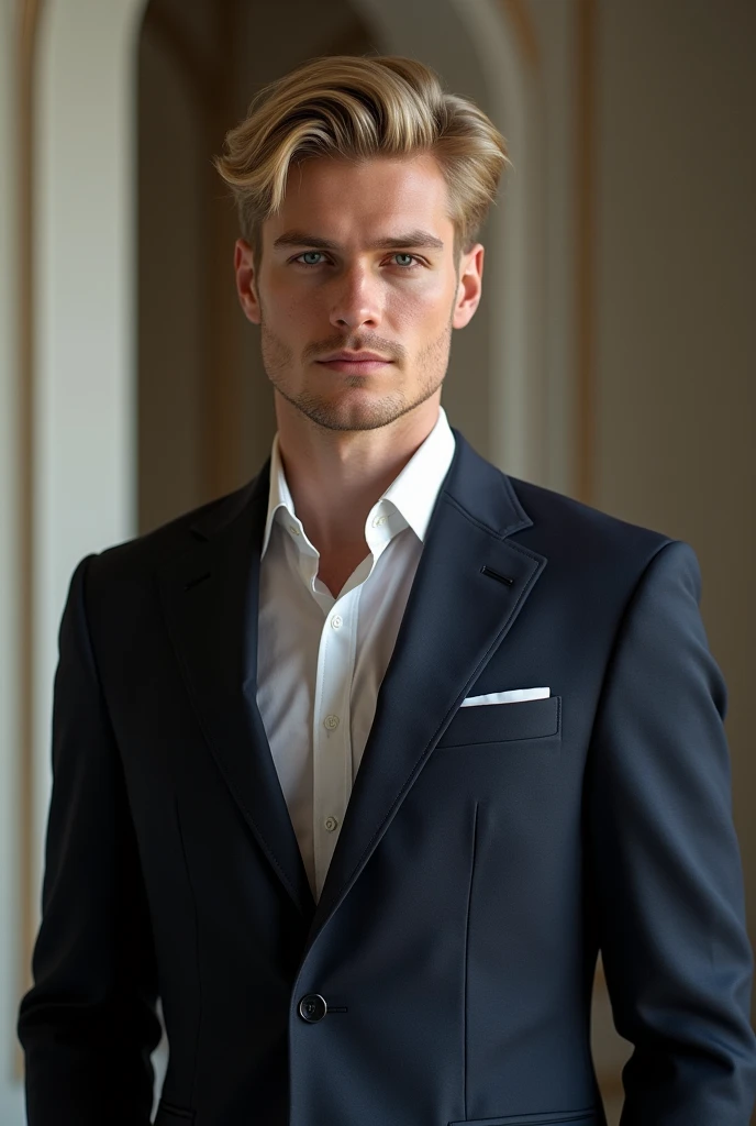 One guy , really handsome, Russian guy, blonde hair,  blue eyes, very white skin, cute smile, whole body , young , cute face, well dressed 