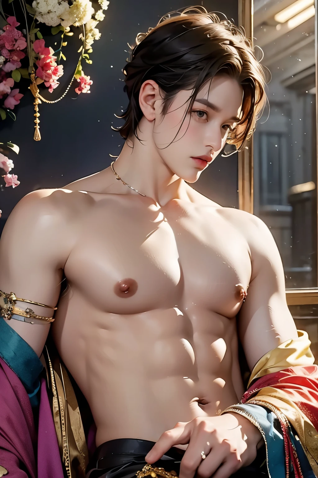 A Totally Absurd Fantasy Portrait of an Amazing Boy, bare torso robe of bright flowers ,excellent arm and chest muscles ,silky soft short hair with bright decorations,A handsome man stands on flowers, bright colors .The details of the face are perfect.,Wow, the character details are so good ,fashion portrait,bright colors,abstract background,Delicate shine,Translucent molten glass ,Frosted glass,masterpiece, Best quality,, Hyperreal,realistic ,high detail,a high resolution . 35mm photography, movie, hips, professional, 4K, very detailed