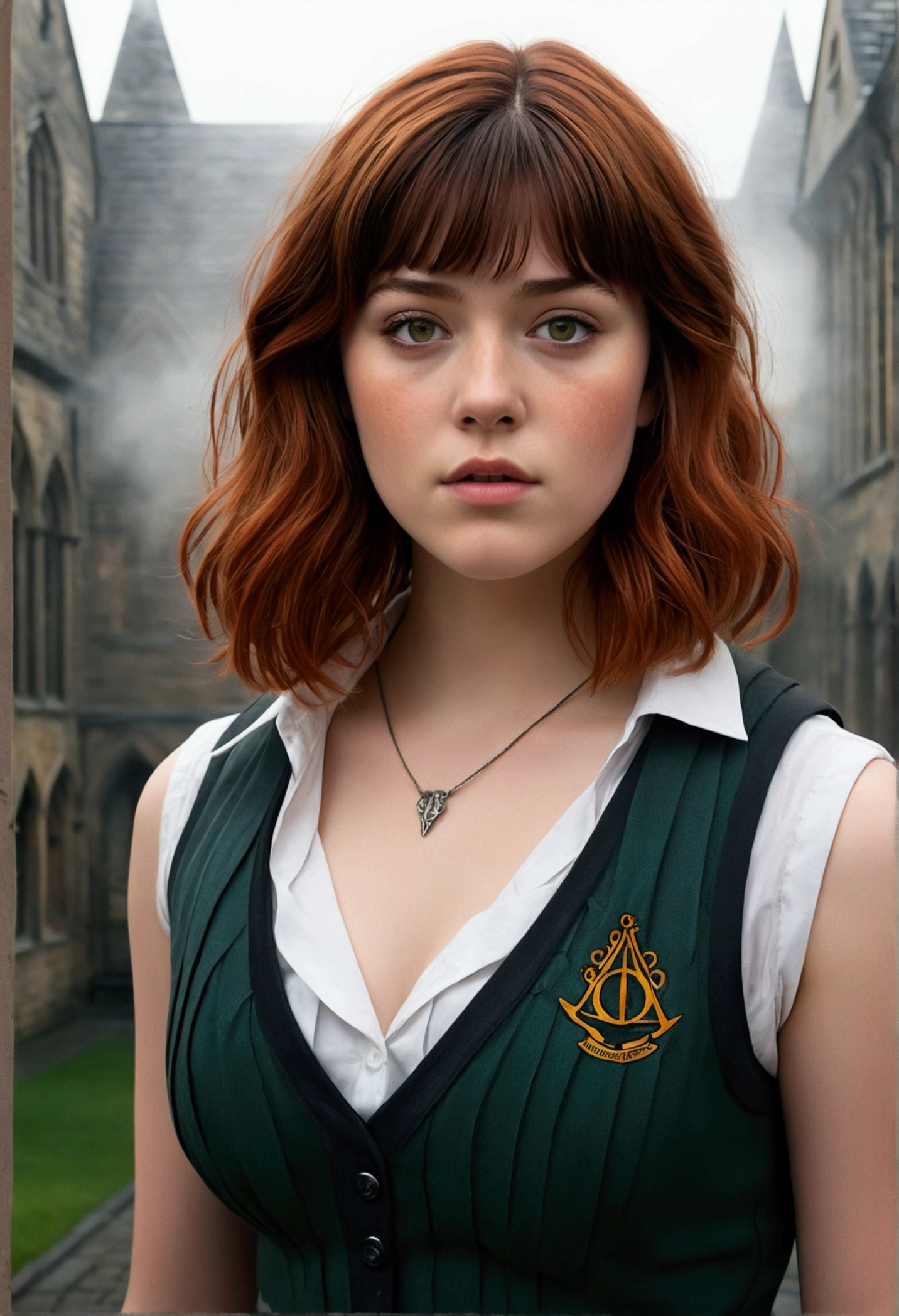 An illustrated movie poster, hand-drawn, full color, a teenage Hogwarts student, 18-years-old, female, wearing a charcoal vest and a pleated skirt, athletic hourglass figure, busty bosoms, full wide hips, massive round butt, long shapely legs, ridiculously thick powerful thighs, vibrant green eyes, red auburn hair, thick shaggy bangs, flushed sun-kissed complexion, freckles, resembles Mary Elizabeth Winstead, standing in a foggy Hogwarts courtyard, surrounded by mist, graphite shading, stencil marks, airbrushed acrylic paint, masterpiece, close-up shot, in the style of the Deathly Hallows