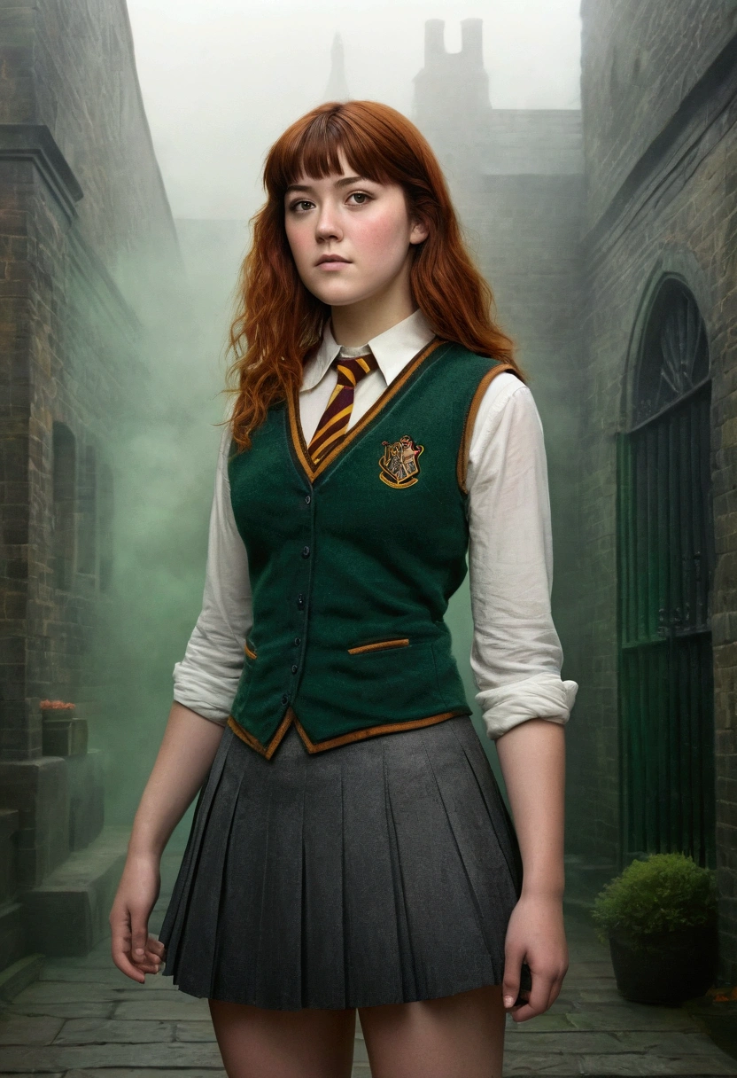 An illustrated movie poster, hand-drawn, full color, a teenage Hogwarts student, 18-years-old, female, wearing a charcoal vest and a pleated skirt, athletic hourglass figure, busty bosoms, full wide hips, massive round butt, long shapely legs, ridiculously thick powerful thighs, vibrant green eyes, red auburn hair, thick shaggy bangs, flushed sun-kissed complexion, freckles, resembles Mary Elizabeth Winstead, standing in a foggy Hogwarts courtyard, surrounded by mist, graphite shading, stencil marks, airbrushed acrylic paint, masterpiece, close-up shot, in the style of the Deathly Hallows