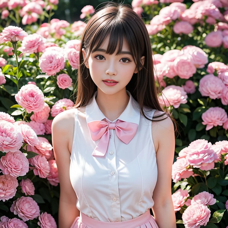 Pink short pleated skirt, in the flower field,Wearing a white sailor suit,white shirt,pink bow tie,Pink navy collar,1 female, On the face, laughing out loud, light brown hair, blunt bangs, hair behind ears, Shoulder-length hair, long hair, Slender body type, 超face slimming型, face slimming, delicate lips, beautiful eyes, Thin blush, Eyes are light brown,View here, (actual:1.3), One person's perspective, 8k, Super detailed, high quality, best quality, High resolution, ,Large Breasts,wear a H cup, 2