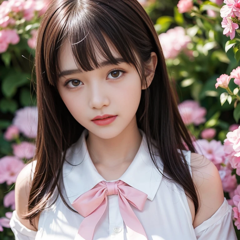 Pink short pleated skirt, in the flower field，Wearing a white sailor suit，white shirt，pink bow tie，Pink navy collar，1 female, On the face, laughing out loud, light brown hair, blunt bangs, hair behind ears, Shoulder-length hair, long hair, Slender body type, 超face slimming型, face slimming, delicate lips, beautiful eyes, Thin blush, Eyes are light brown,View here, (actual:1.3), One person's perspective, 8k, Super detailed, high quality, best quality, High resolution, ，Large Breasts，wear a H cup, 2