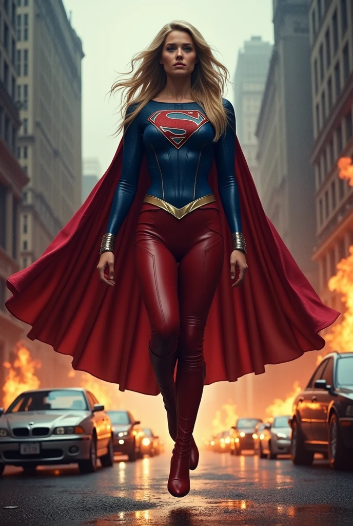 A beautiful woman with long blonde hair wearing a blue leather jumpsuit, a blue corset over her jumpsuit, a red cape, red boots, long boots up to her knees, red leather pants, silver bracelets Kara Zor-El aka Supergirl in a dark apocalyptic rainy city, cars and buildings on fire, flying over the city, skyscrapers on fire.
