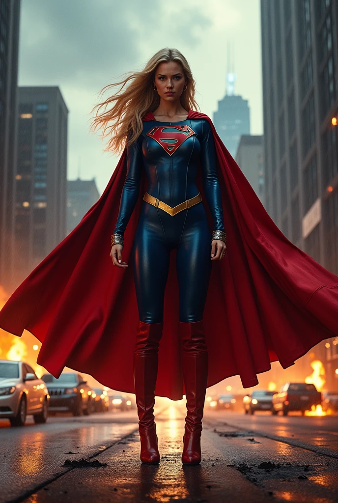 A beautiful woman with long blonde hair wearing a blue leather jumpsuit, a blue corset over her jumpsuit, a red cape, red boots, long boots up to her knees, red leather pants, silver bracelets Kara Zor-El aka Supergirl in a dark apocalyptic rainy city, cars and buildings on fire, flying over the city, skyscrapers on fire.