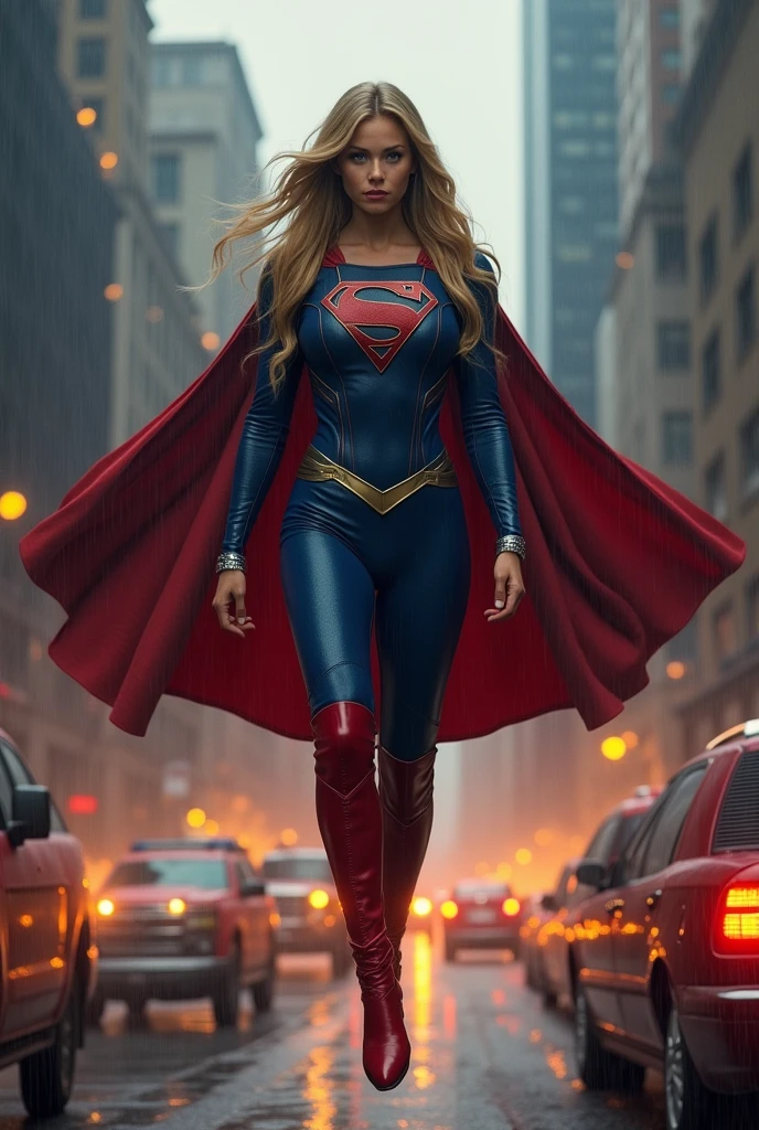 A beautiful woman with long blonde hair wearing a blue leather jumpsuit, a blue corset over her jumpsuit, a red cape, red boots, long boots up to her knees, red leather pants, silver bracelets Kara Zor-El aka Supergirl in a dark apocalyptic rainy city, cars and buildings on fire, flying over the city, skyscrapers on fire.